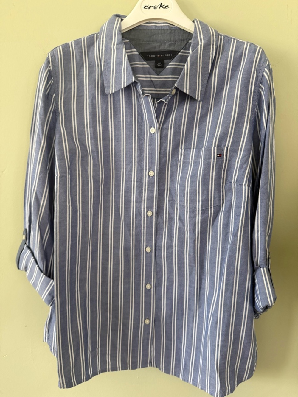 Tommy Hilfiger Blue and White Vertical Stripe Casual Button-Down Shirt